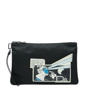 Prada Monkey Robot Clutch Bag, Second Black, Multicolored Nylon, Saffiano Lea...